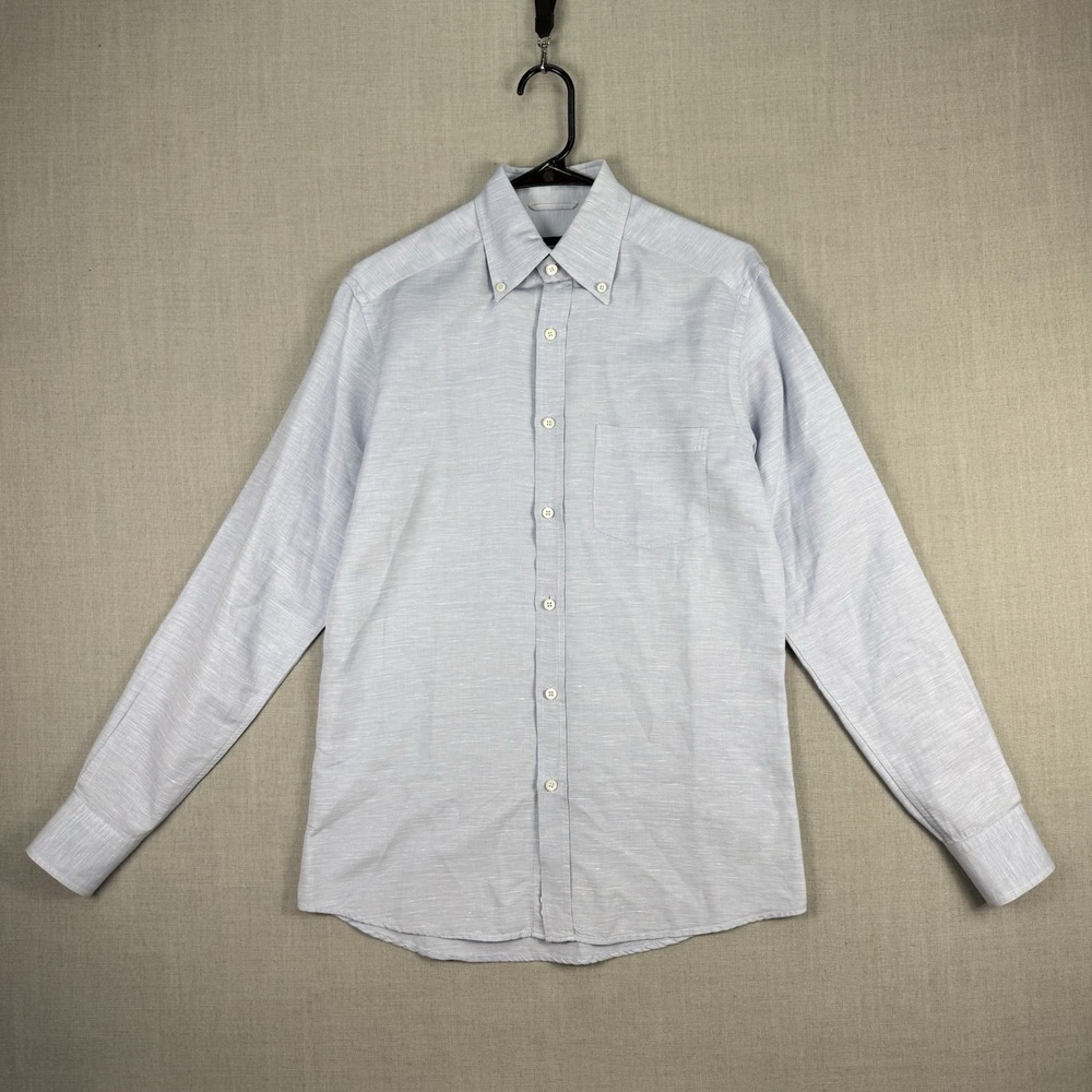 Ermenegildo Zegna Shirt Men's Size Small Blue Pocket Linen Long Sleeve Button Up